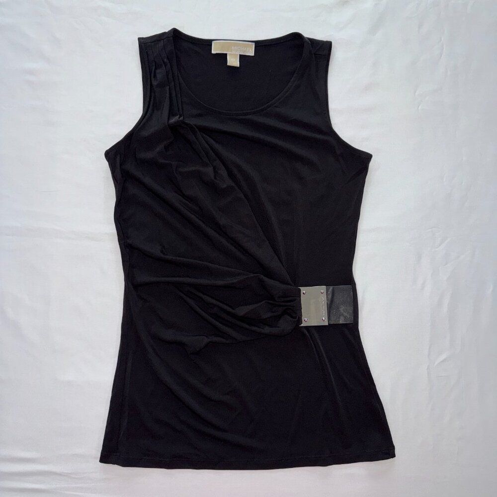 Michael Kors Womens XS Black Sleeveless Blouse Silver Buckle V-Neck Pristine